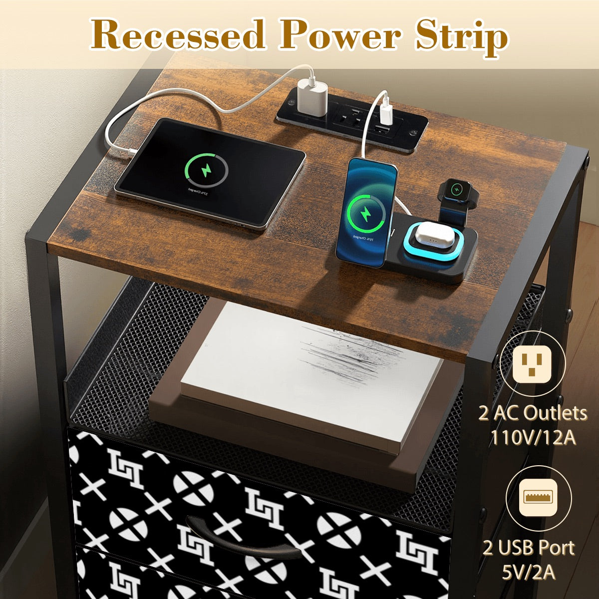 Lobo LeBlanc Black Monogram 2 Drawer Nightstand