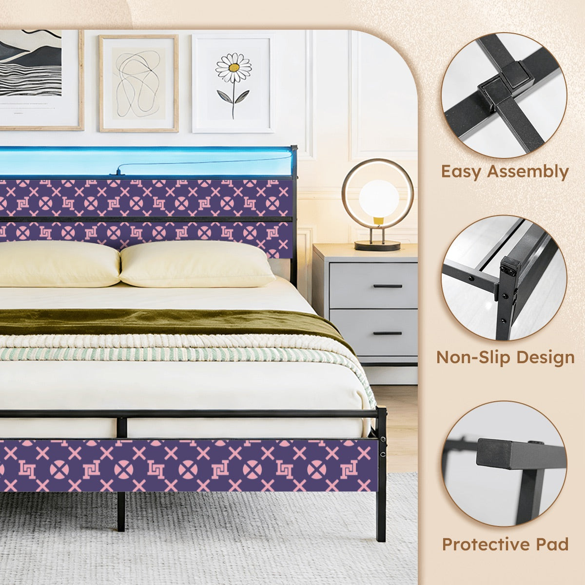 Lobo LeBlanc Purple Monogram Queen Bed Frame