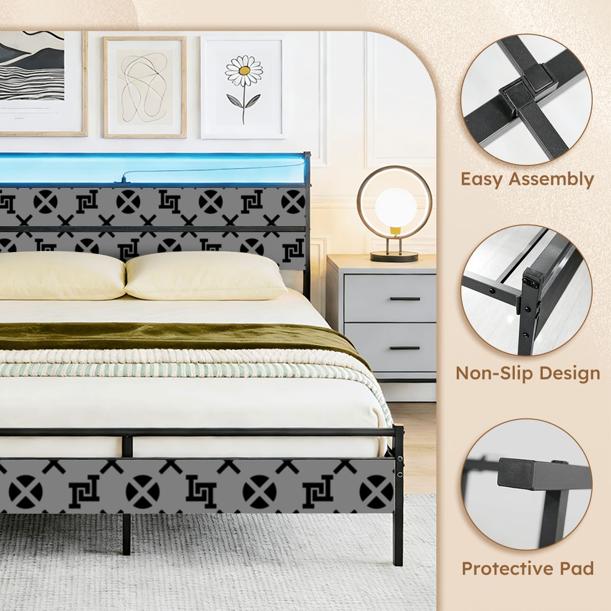 Lobo LeBlanc Gray Monogram Queen Bed Frame