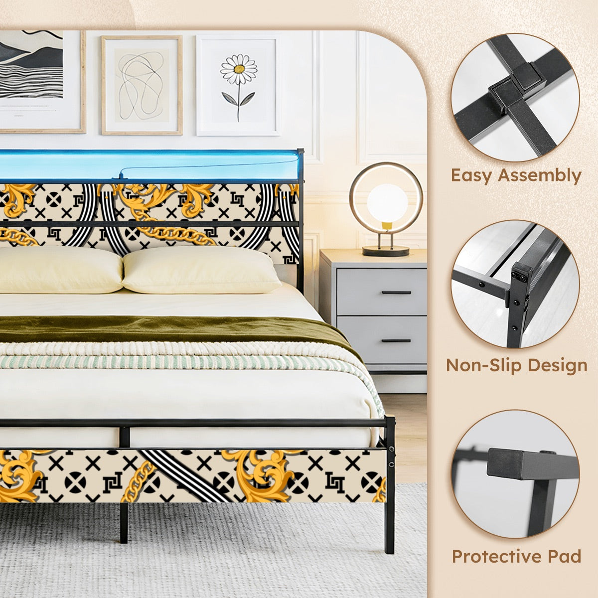 Lobo LeBlanc Gold Monogram Queen Bed Frame