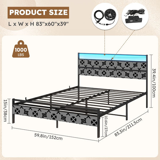 Lobo LeBlanc Gray Monogram Queen Bed Frame