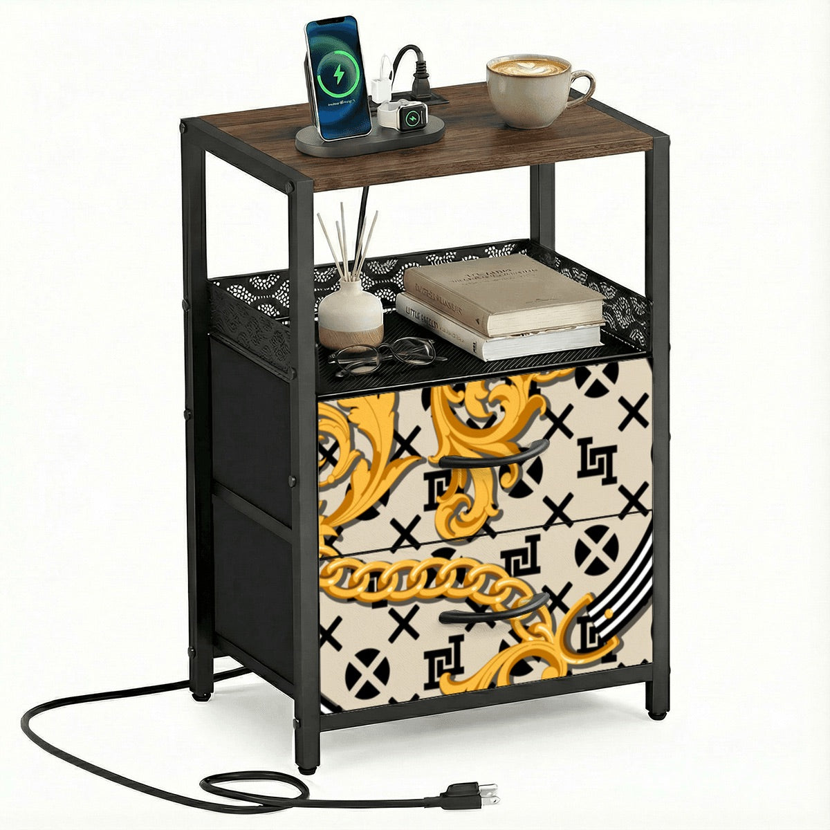 Lobo LeBlanc Gold Monogram 2 Drawer Nightstand