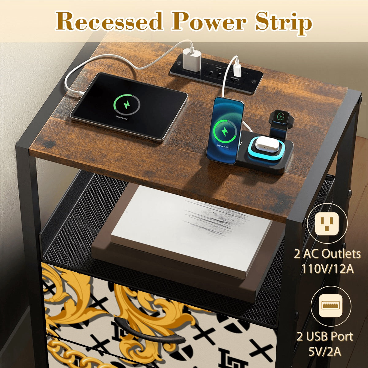 Lobo LeBlanc Gold Monogram 2 Drawer Nightstand