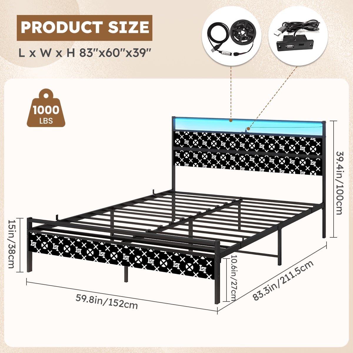 Lobo LeBlanc Black Monogram Queen Bed Frame