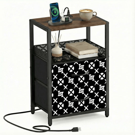 Lobo LeBlanc Black Monogram 2 Drawer Nightstand