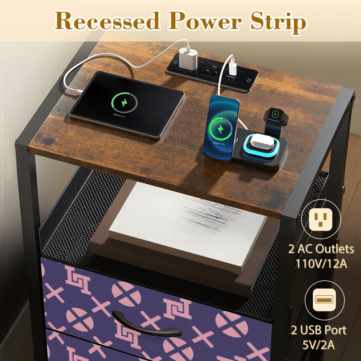 Lobo LeBlanc Purple Monogram 2 Drawer Nightstand