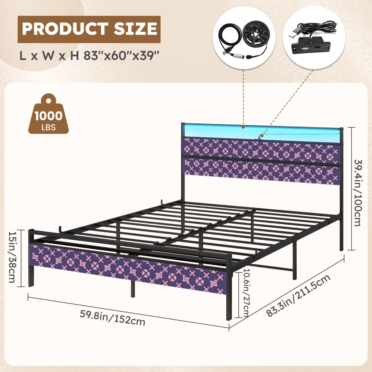 Lobo LeBlanc Purple Monogram Queen Bed Frame