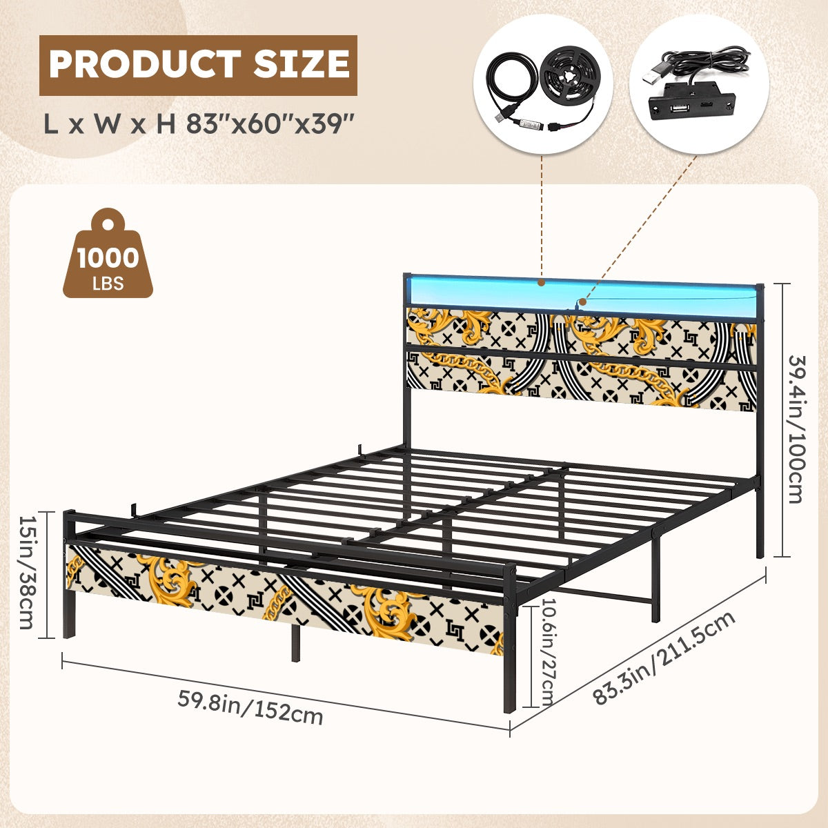 Lobo LeBlanc Gold Monogram Queen Bed Frame