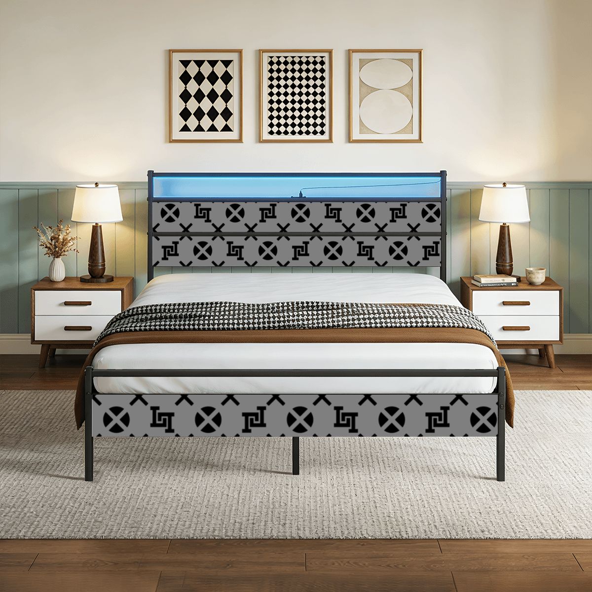 Lobo LeBlanc Gray Monogram Queen Bed Frame