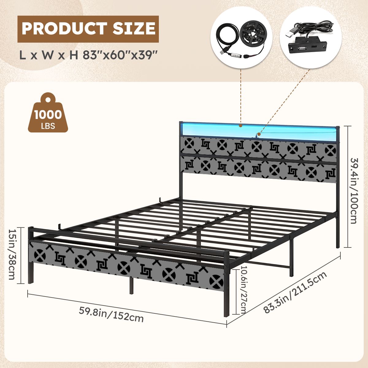 Lobo LeBlanc Gray Monogram Queen Bed Frame