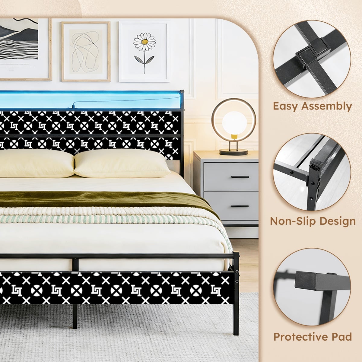Lobo LeBlanc Black Monogram Queen Bed Frame